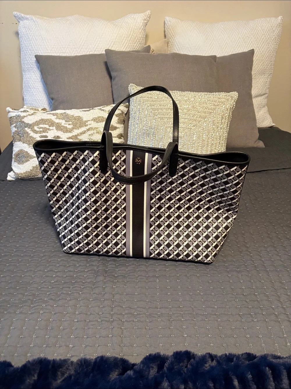 Tory Burch Black and White Patterned Tote with Center Stripe